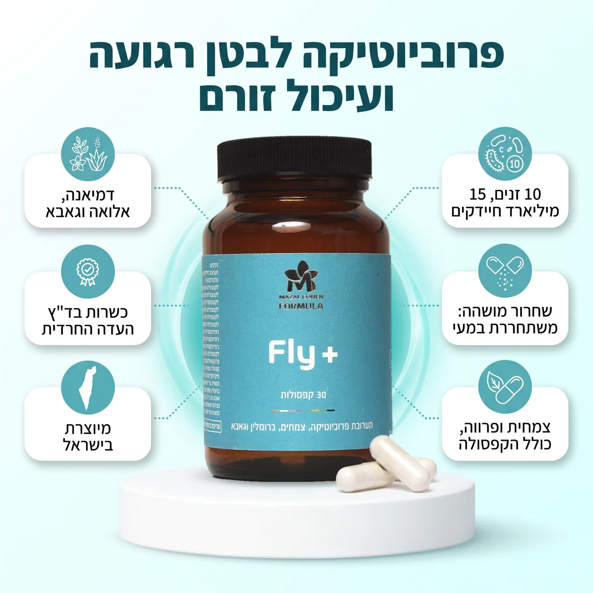 פליי פלוס: 10 זנים, 15 מיליארד חיידקים, שחרור מושהה, צמחית ופרווה, דמיאנה, אלואה וגאבא, כשרות בד״ץ העדה החרדית, מיוצרת בישראל