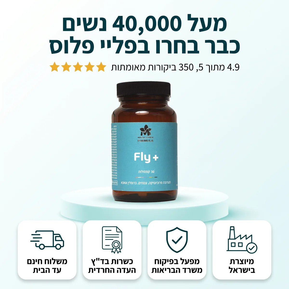 מעל 40,000 נשים כבר בחרו בפליי פלוס, דירוג 4.9 מתוך 5, מיוצרת בישראל, מפעל בפיקוח משרד הבריאות, כשרות בד״ץ העדה החרדית, משלוח חינם עד הבית